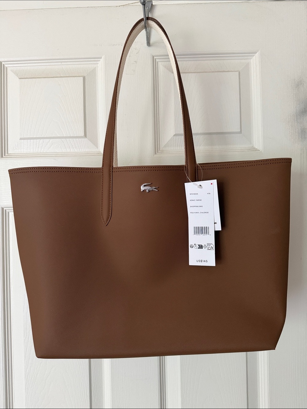 Brand new Lacoste Dark Brown Reversible Leather Tote with Croc Logo
